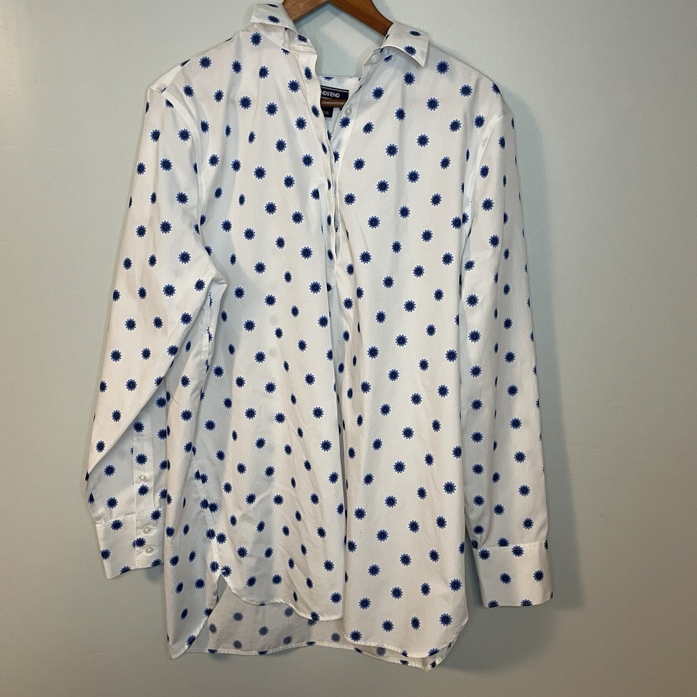 Lands' End No Iron Supima Cotton Floral Shirt Blue White Woman Size 18